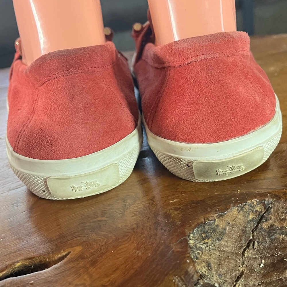 Coach “Corey” Red Suede Loafers Size 8.5 Gold Hardware White Rubber Sole - Picture 4 of 9